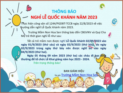 THÔNG BÁO NGHỈ LỄ QUỐC KHÁNH 02/09/2023