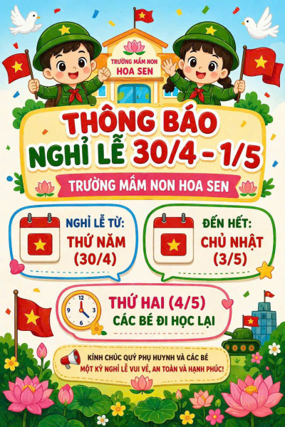 THÔNG BÁO NGHỈ LỄ 30/4 & 1/5