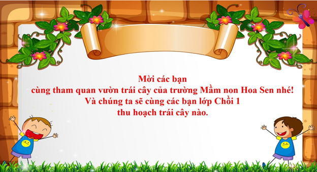 Cô và trẻ cùng thu hoạch quả trong trường
