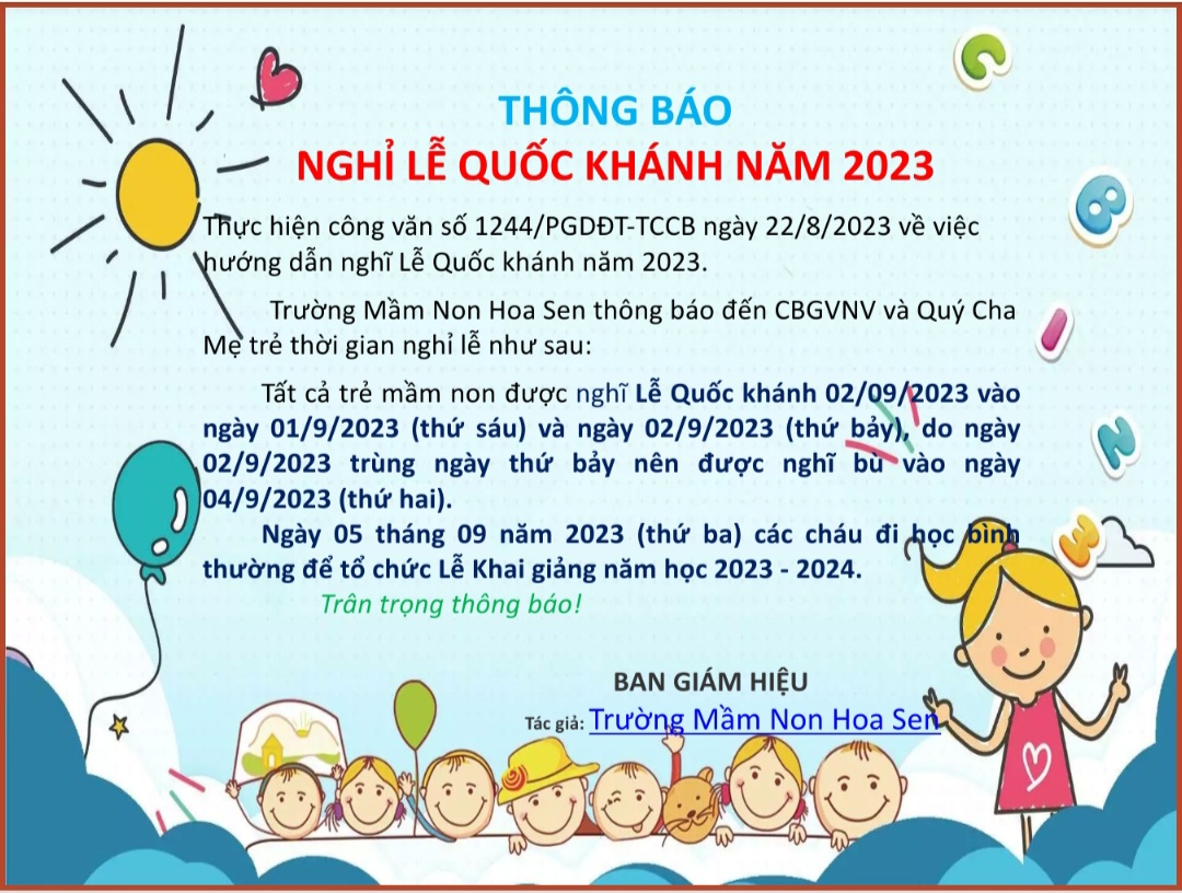 THÔNG BÁO NGHỈ LỄ QUỐC KHÁNH 02/09/2023